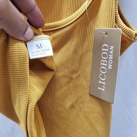 Licobod Woman Yellow Ribbed Crop Tank Top & High Waisted Leggings Set Activewear - Picture 3 of 13